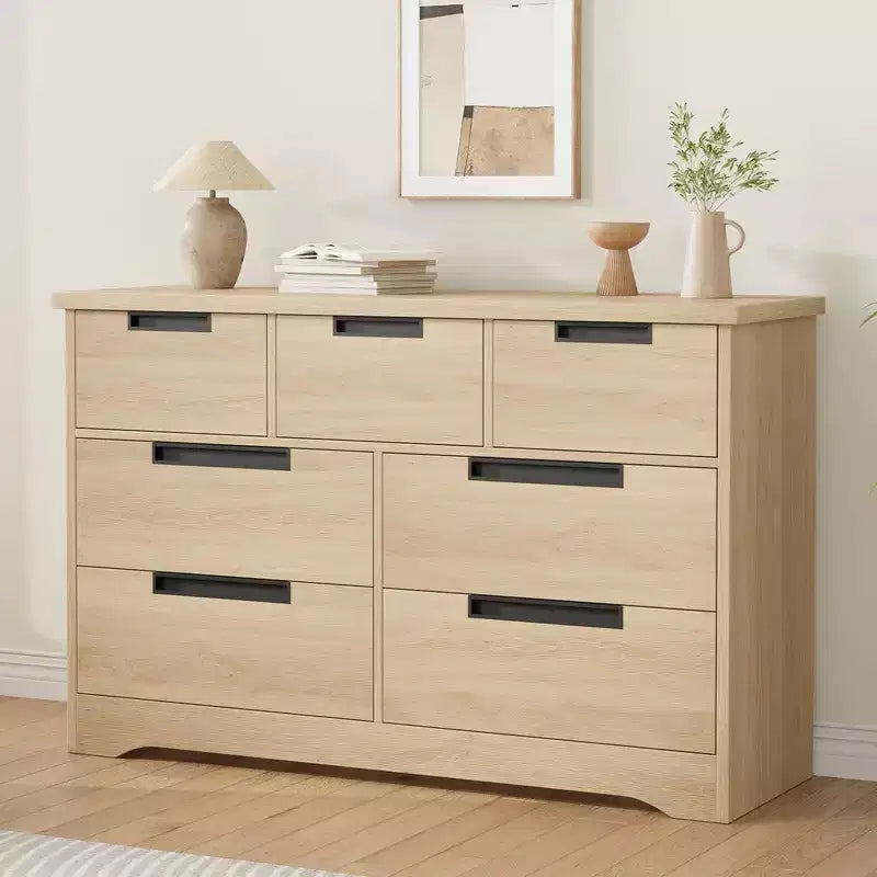 Natural Wood 7-Drawer Dresser with Embedded Handles, Single User