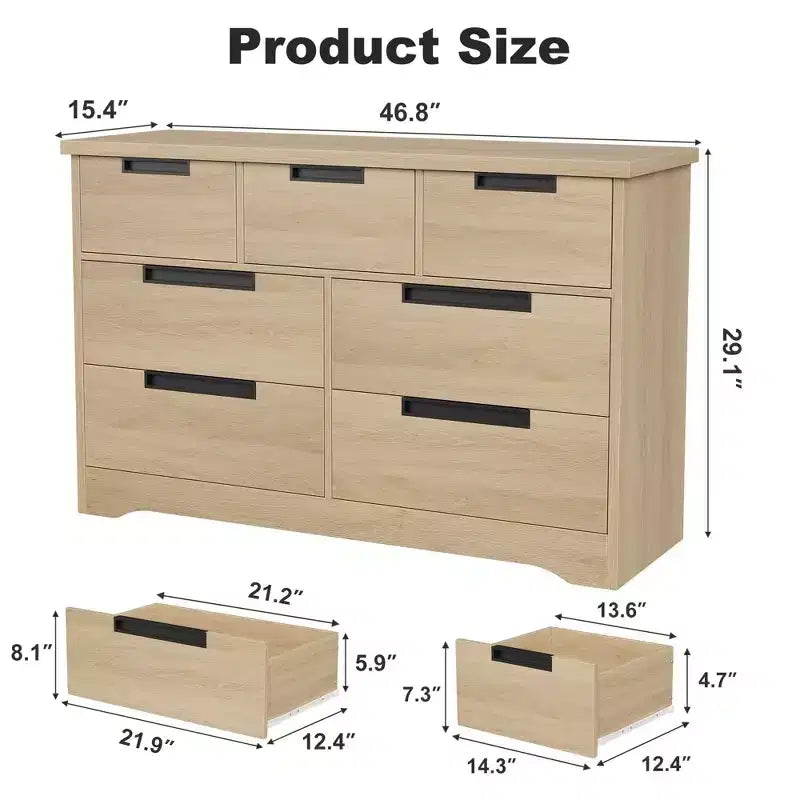 Natural Wood 7-Drawer Dresser with Embedded Handles, Single User