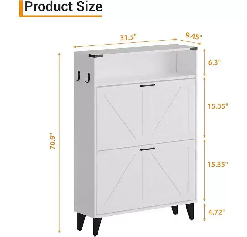 Gray / White Slim Flip-Door Shoe Cabinet with Metal Legs, 2-Drawer, Family Use