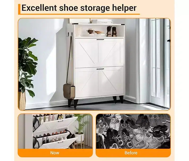 Gray / White Slim Flip-Door Shoe Cabinet with Metal Legs, 2-Drawer, Family Use