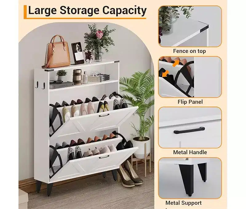 Gray / White Slim Flip-Door Shoe Cabinet with Metal Legs, 2-Drawer, Family Use