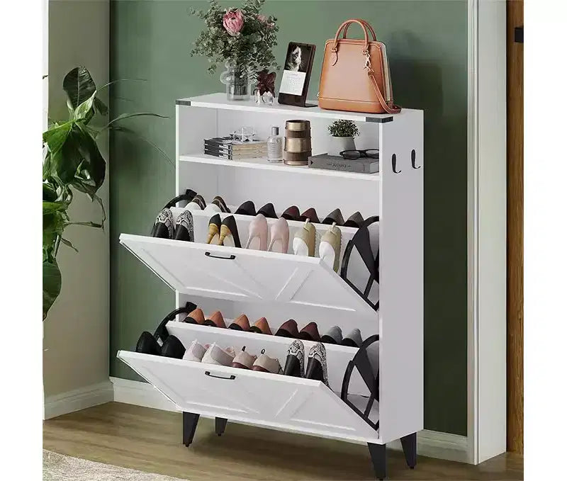 Gray / White Slim Flip-Door Shoe Cabinet with Metal Legs, 2-Drawer, Family Use