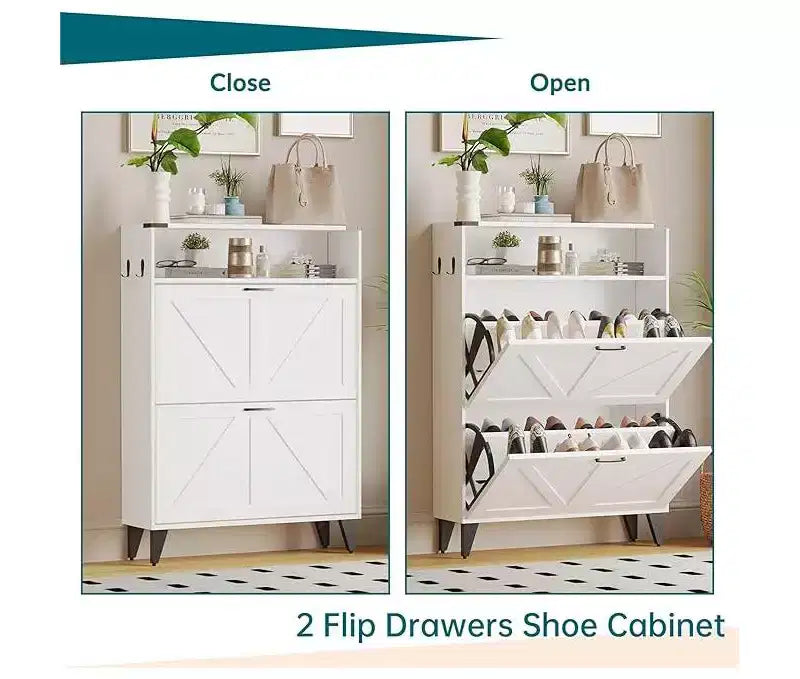 Gray / White Slim Flip-Door Shoe Cabinet with Metal Legs, 2-Drawer, Family Use