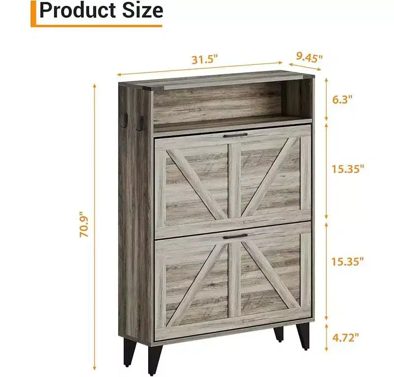 Gray / White Slim Flip-Door Shoe Cabinet with Metal Legs, 2-Drawer, Family Use