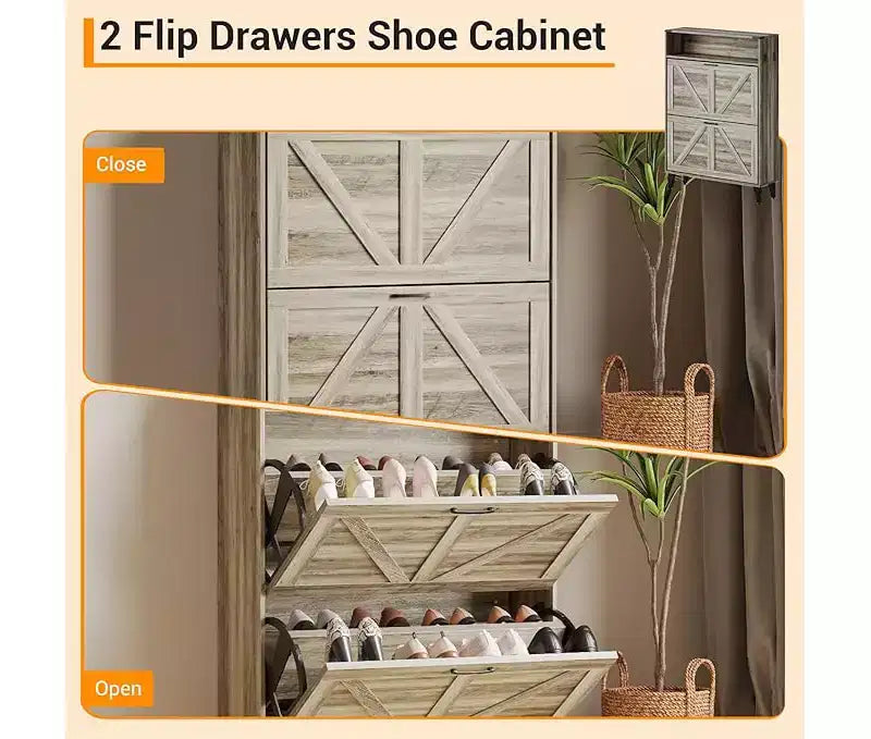 Gray / White Slim Flip-Door Shoe Cabinet with Metal Legs, 2-Drawer, Family Use