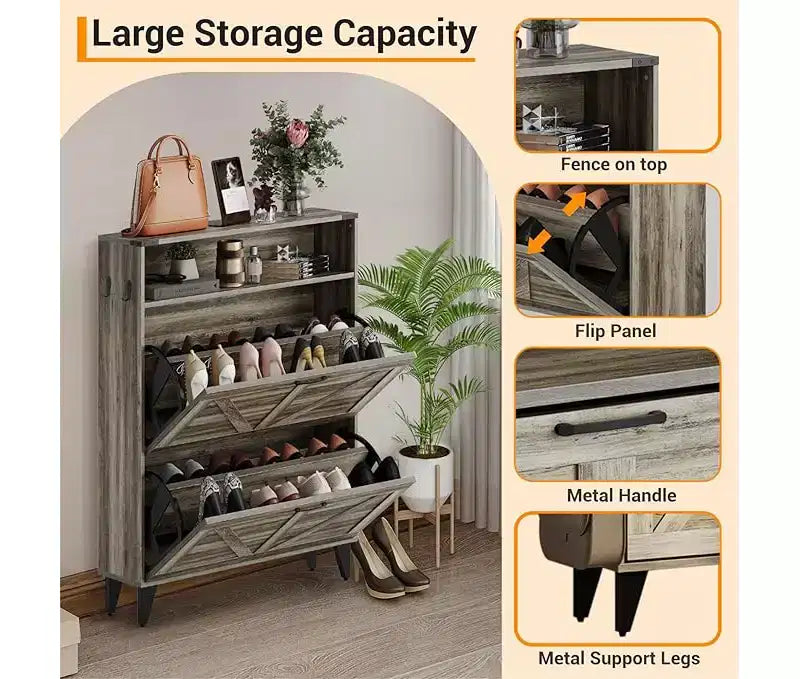 Gray / White Slim Flip-Door Shoe Cabinet with Metal Legs, 2-Drawer, Family Use