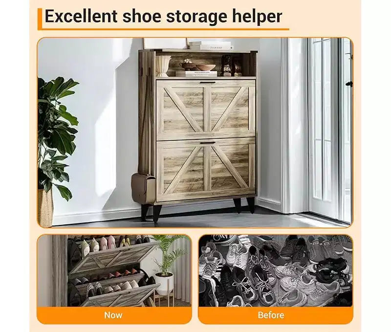 Gray / White Slim Flip-Door Shoe Cabinet with Metal Legs, 2-Drawer, Family Use