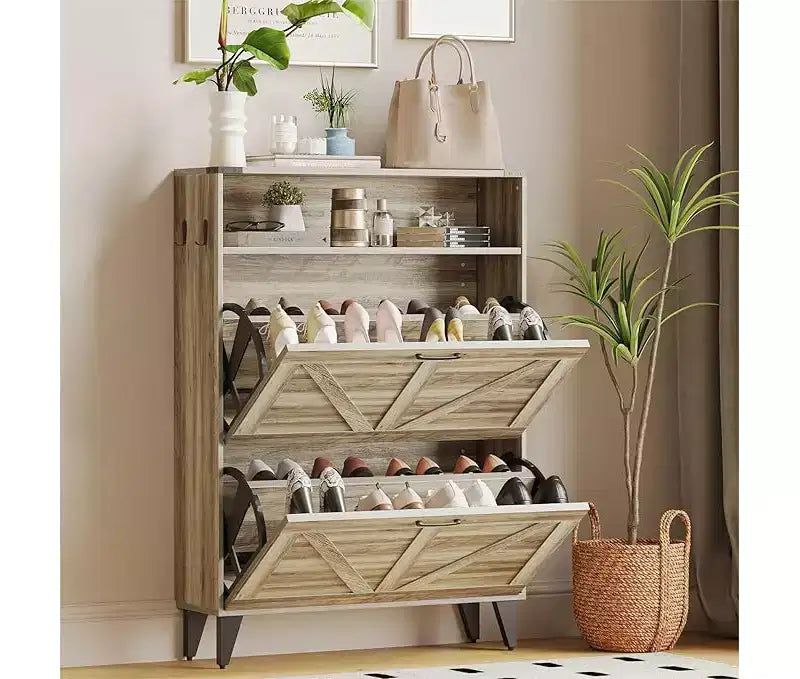 Gray / White Slim Flip-Door Shoe Cabinet with Metal Legs, 2-Drawer, Family Use