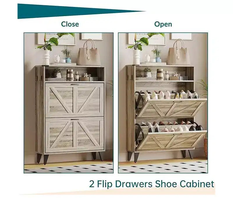 Gray / White Slim Flip-Door Shoe Cabinet with Metal Legs, 2-Drawer, Family Use
