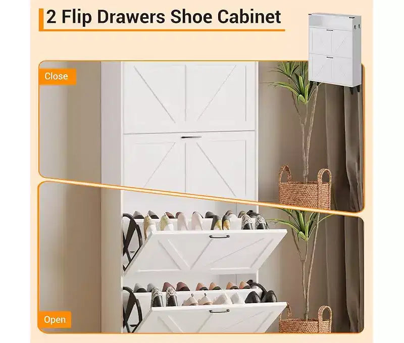 Gray / White Slim Flip-Door Shoe Cabinet with Metal Legs, 2-Drawer, Family Use