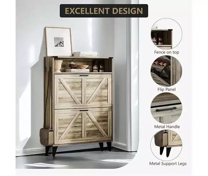Shoe Storage Cabinet, Slim Narrow Shoe Cabinet, Shoe Storage Bench with Adjustable Shelf & Metal Legs, Hallway Shoe Organizer for Entryway
