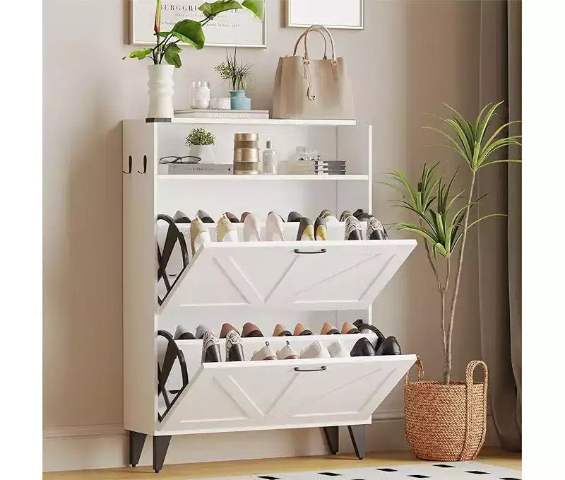 Gray / White Slim Flip-Door Shoe Cabinet with Metal Legs, 2-Drawer, Family Use
