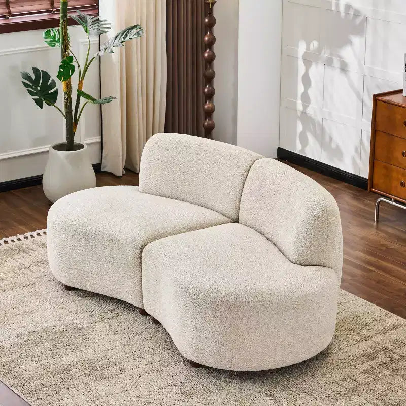 Beige Boucle Curved Sofa, Modern Style, Seats 2