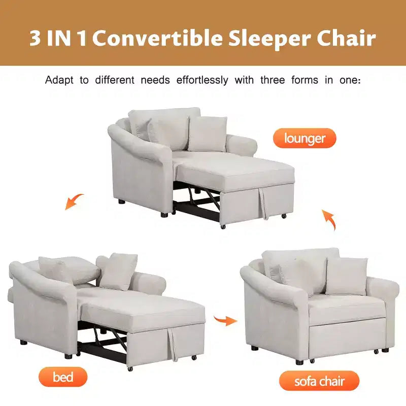 Beige / Dark Gray / Gray Chenille 3-in-1 Convertible Sleeper Chair for 1