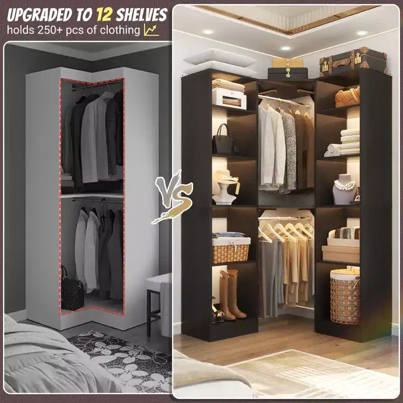 Beige Oak / Black / Gray / White Corner Open Wardrobe Organizer with 12 Shelves, Single-Person Use