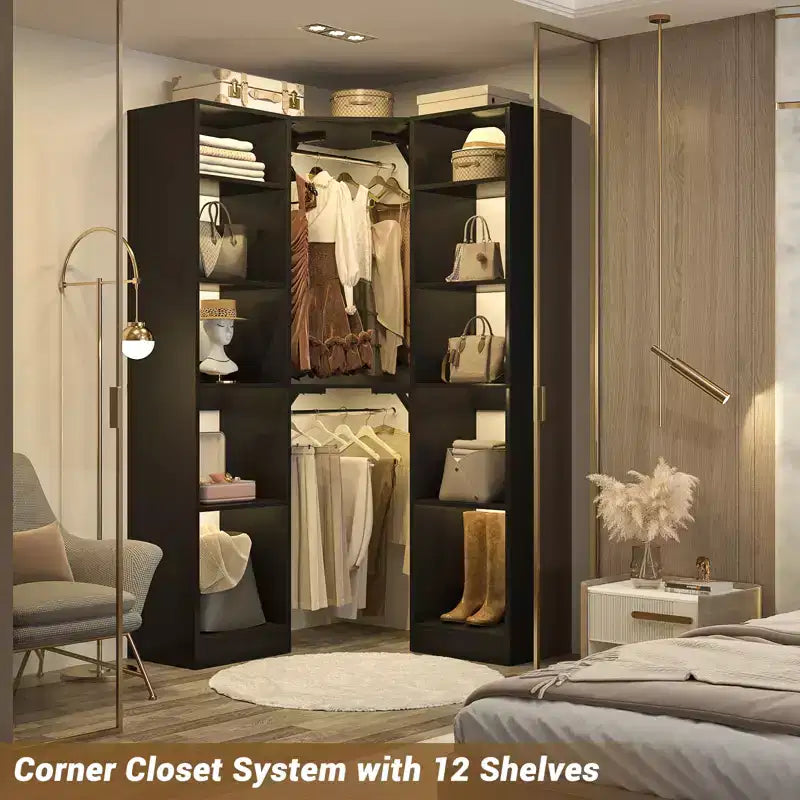 Beige Oak / Black / Gray / White Corner Open Wardrobe Organizer with 12 Shelves, Single-Person Use