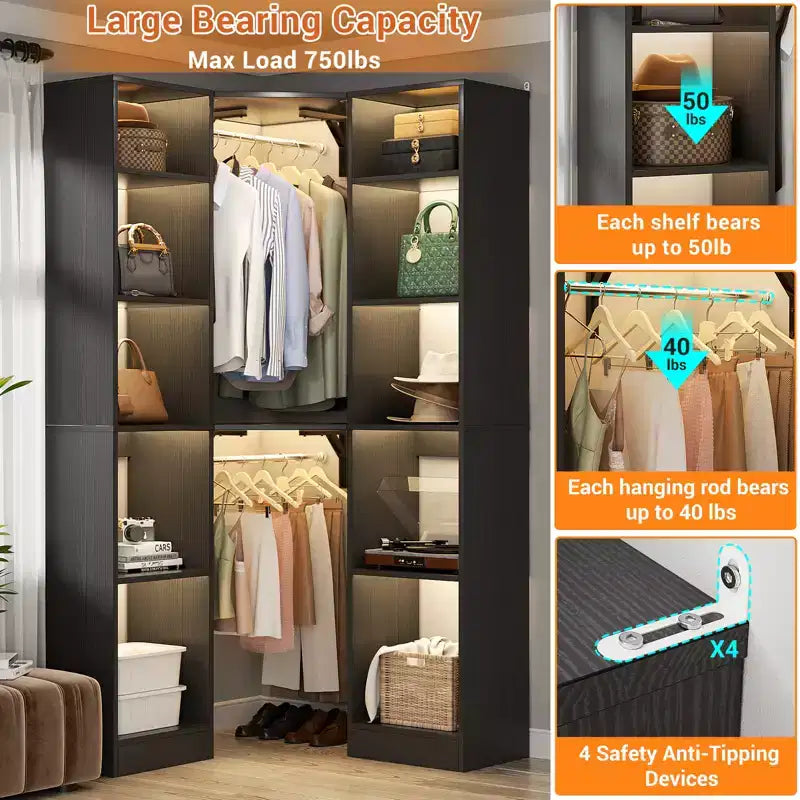 Beige Oak / Black / Gray / White Corner Open Wardrobe Organizer with 12 Shelves, Single-Person Use