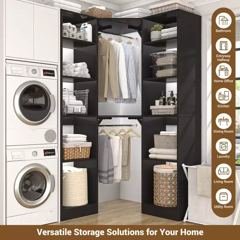 Beige Oak / Black / Gray / White Corner Open Wardrobe Organizer with 12 Shelves, Single-Person Use