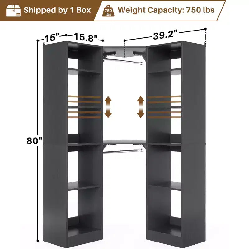 Beige Oak / Black / Gray / White Corner Open Wardrobe Organizer with 12 Shelves, Single-Person Use
