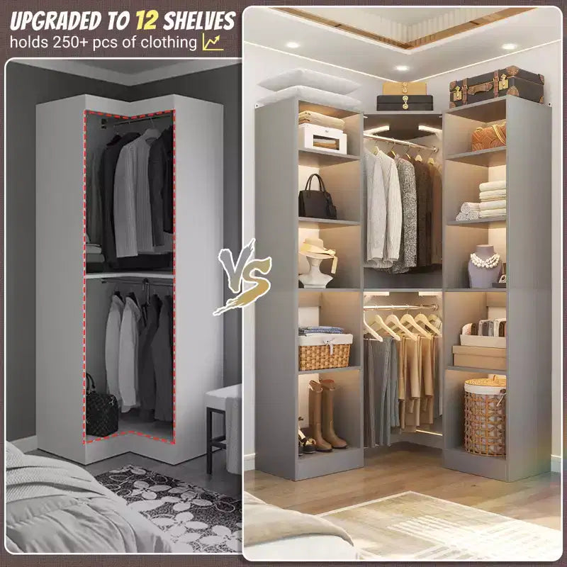 Beige Oak / Black / Gray / White Corner Open Wardrobe Organizer with 12 Shelves, Single-Person Use