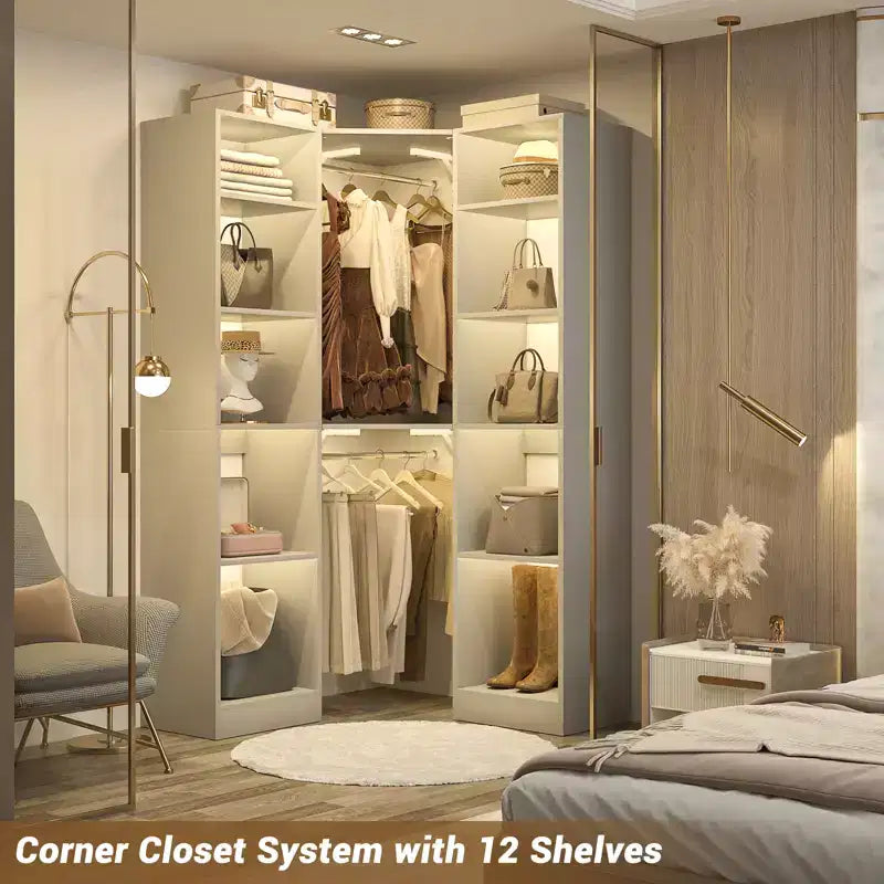 Beige Oak / Black / Gray / White Corner Open Wardrobe Organizer with 12 Shelves, Single-Person Use