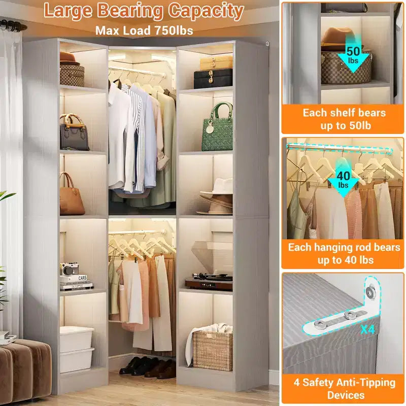Beige Oak / Black / Gray / White Corner Open Wardrobe Organizer with 12 Shelves, Single-Person Use