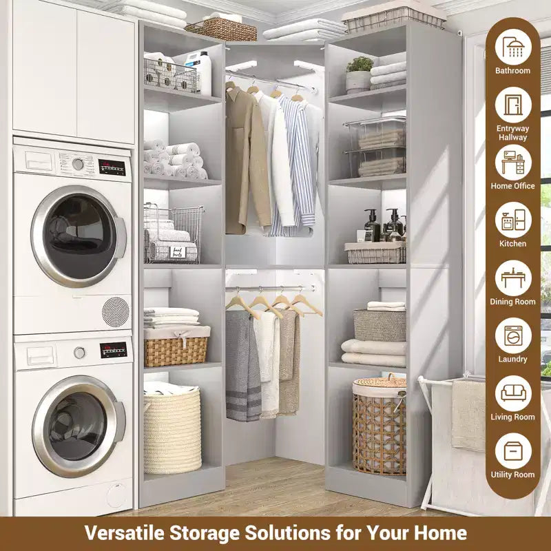Beige Oak / Black / Gray / White Corner Open Wardrobe Organizer with 12 Shelves, Single-Person Use