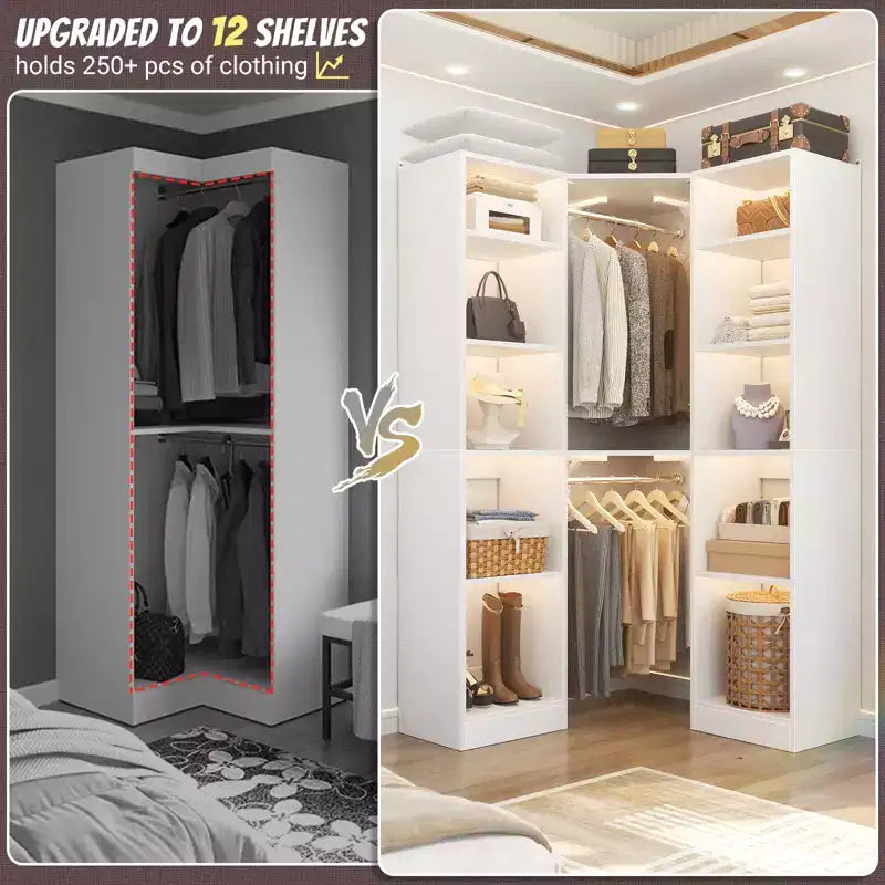 Beige Oak / Black / Gray / White Corner Open Wardrobe Organizer with 12 Shelves, Single-Person Use