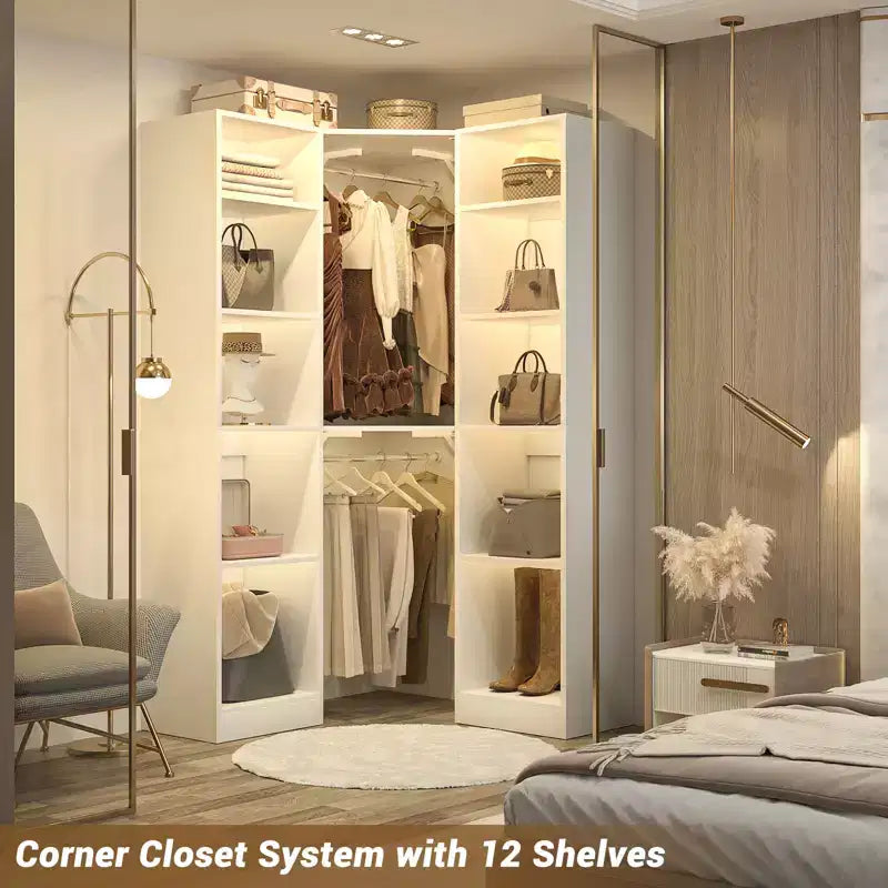 Beige Oak / Black / Gray / White Corner Open Wardrobe Organizer with 12 Shelves, Single-Person Use