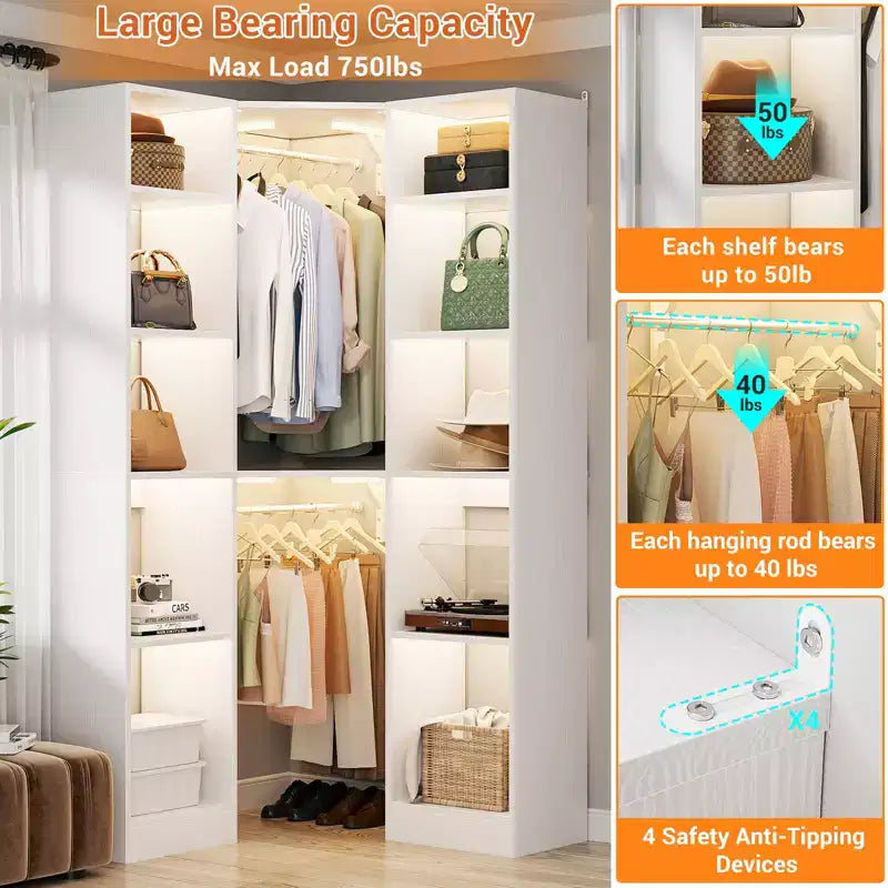 Beige Oak / Black / Gray / White Corner Open Wardrobe Organizer with 12 Shelves, Single-Person Use