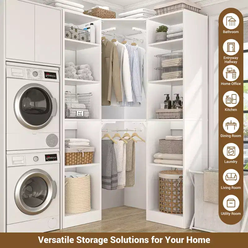 Beige Oak / Black / Gray / White Corner Open Wardrobe Organizer with 12 Shelves, Single-Person Use