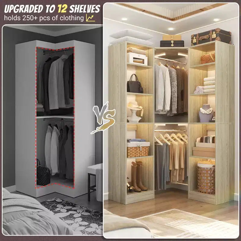 Beige Oak / Black / Gray / White Corner Open Wardrobe Organizer with 12 Shelves, Single-Person Use