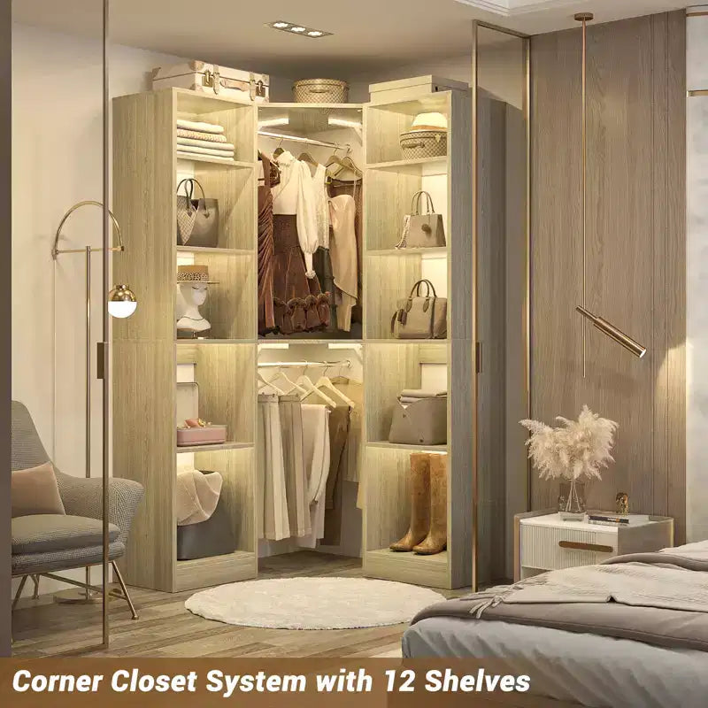 Beige Oak / Black / Gray / White Corner Open Wardrobe Organizer with 12 Shelves, Single-Person Use