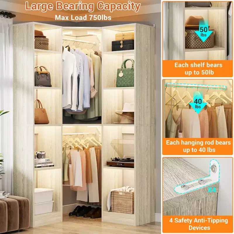 Beige Oak / Black / Gray / White Corner Open Wardrobe Organizer with 12 Shelves, Single-Person Use