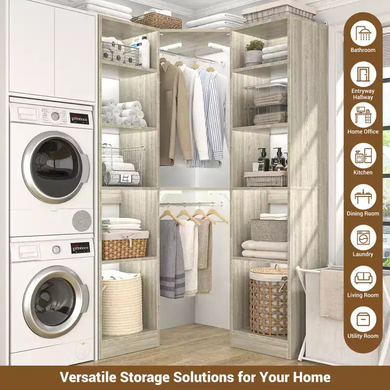 Beige Oak / Black / Gray / White Corner Open Wardrobe Organizer with 12 Shelves, Single-Person Use