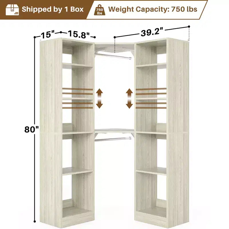 Beige Oak / Black / Gray / White Corner Open Wardrobe Organizer with 12 Shelves, Single-Person Use