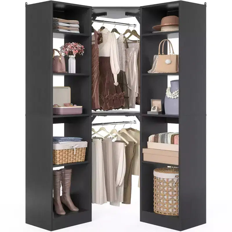 Beige Oak / Black / Gray / White Corner Open Wardrobe Organizer with 12 Shelves, Single-Person Use