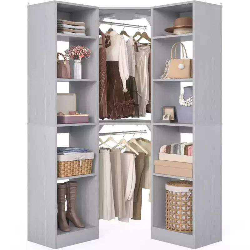 Beige Oak / Black / Gray / White Corner Open Wardrobe Organizer with 12 Shelves, Single-Person Use