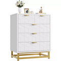 Acekool 5 Drawer Dresser, Modern Wide Storage Chest with Gold Metal Legs and Carved Front for Bedroom, Living Room, Entryway