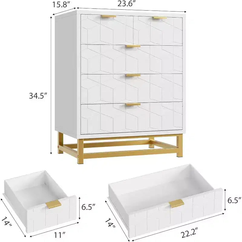 White 5-Drawer Dresser, Modern Style, Gold Legs & Handles