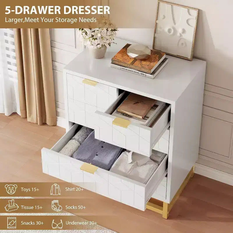 White 5-Drawer Dresser, Modern Style, Gold Legs & Handles