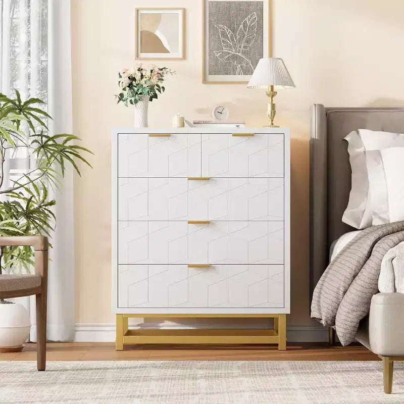 White 5-Drawer Dresser, Modern Style, Gold Legs & Handles