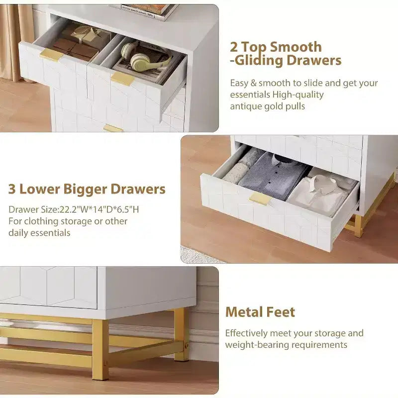 White 5-Drawer Dresser, Modern Style, Gold Legs & Handles