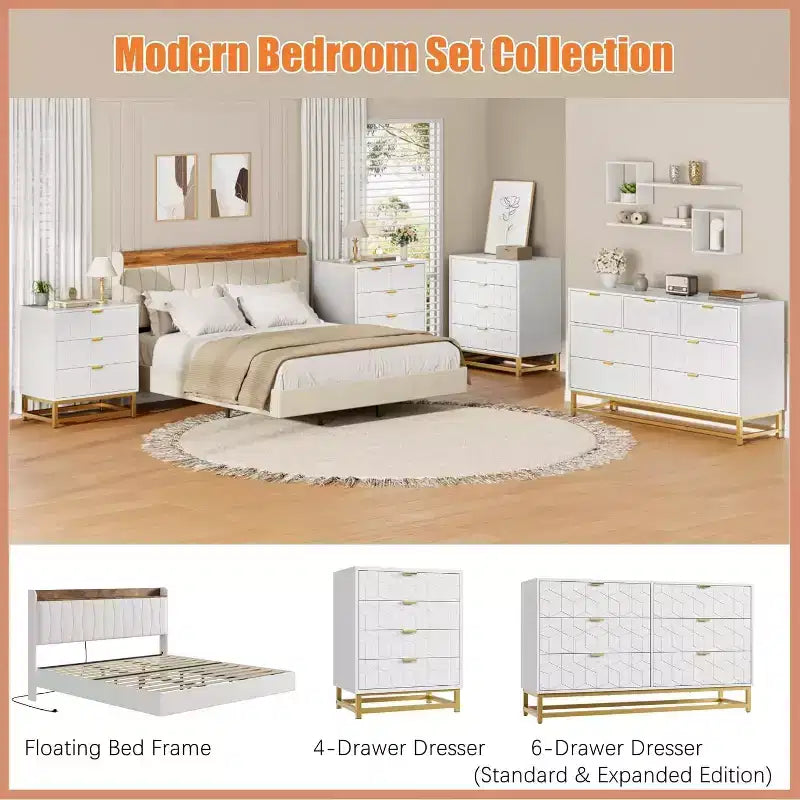 White 5-Drawer Dresser, Modern Style, Gold Legs & Handles