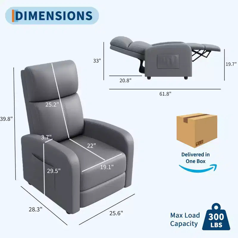 Black/Grey Push-Back Recliner Chair, Single Seat, PU Leather, Up to 300 lbs