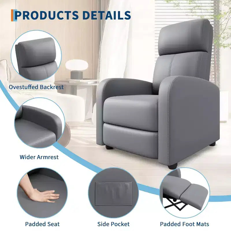 Black/Grey Push-Back Recliner Chair, Single Seat, PU Leather, Up to 300 lbs