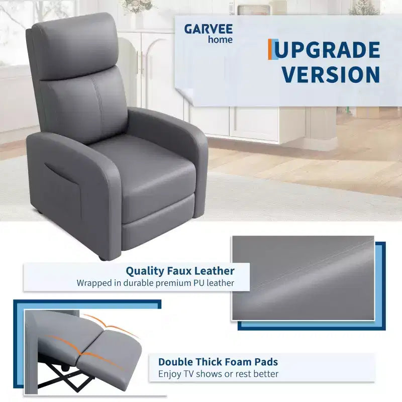 Black/Grey Push-Back Recliner Chair, Single Seat, PU Leather, Up to 300 lbs
