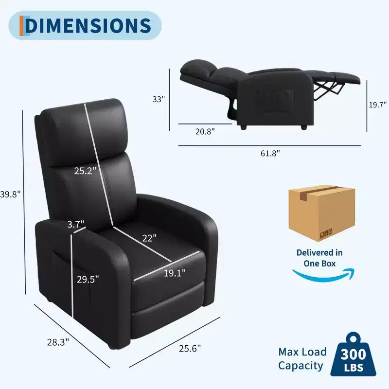 Black/Grey Push-Back Recliner Chair, Single Seat, PU Leather, Up to 300 lbs