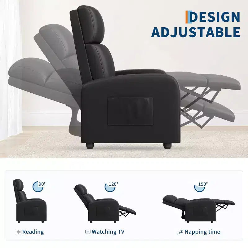 Black/Grey Push-Back Recliner Chair, Single Seat, PU Leather, Up to 300 lbs