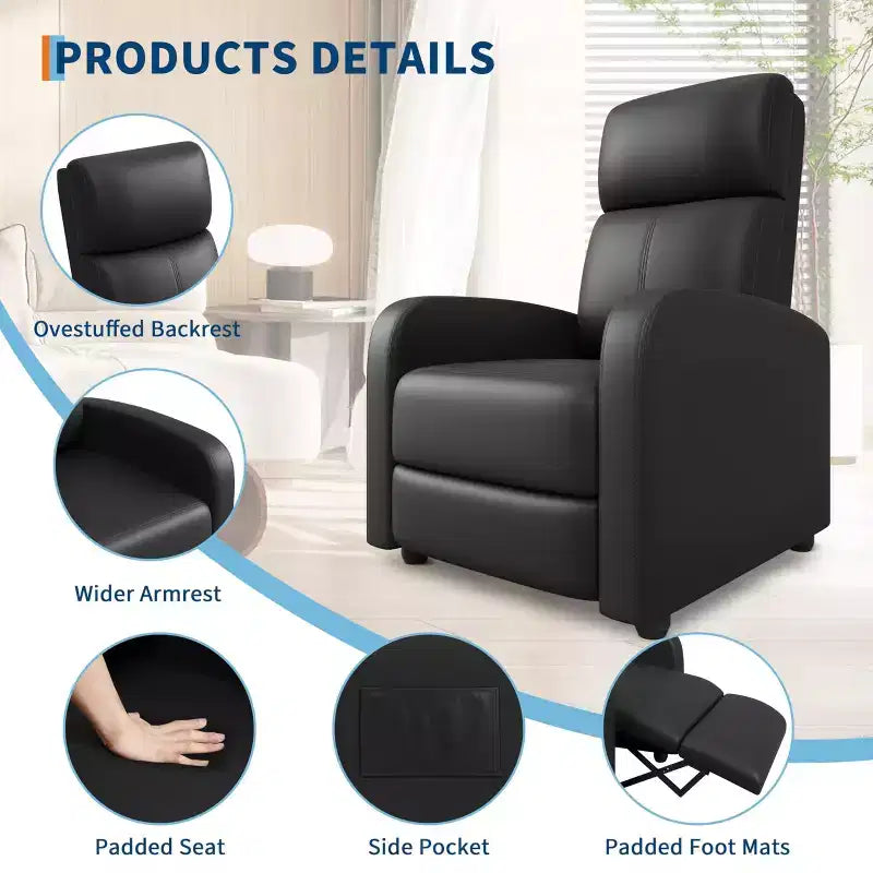 Black/Grey Push-Back Recliner Chair, Single Seat, PU Leather, Up to 300 lbs